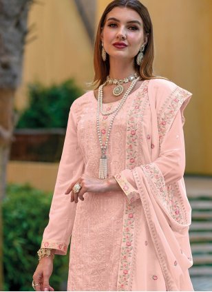 Peach Embroidered Straight Salwar Suit