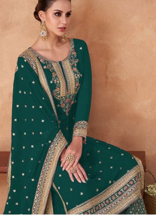 Green color Embroidered Georgette Palazzo Salwar Suit