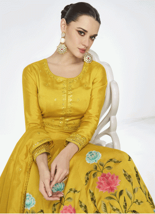 Yellow Silk Embroidered  Trendy Gown