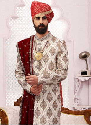 
                            Maroon and Off White Sherwani in Poly Silk with Embroidered work for Men