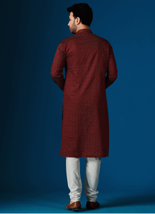 Embroidered Cotton  Kurta Payjama in Maroon and Off White for Men