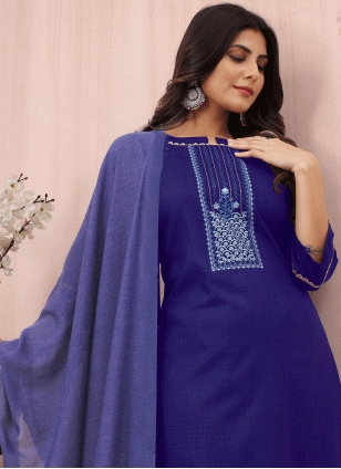 Cotton  Embroidered Readymade Salwar Suits in Blue