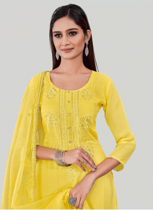 Yellow Chanderi Embroidered Women
