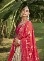 Cream, Pink and Red Banarasi Silk Embroidered Lehenga Choli