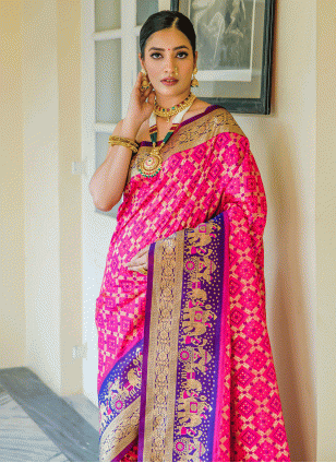 Banarasi Silk Pink and Purple Woven work Traditional Saree