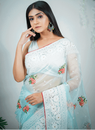 Sky Blue color Organza Traditional Saree with Fancy Work work