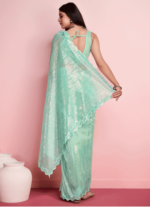 Fancy Work work Sea Green color fabric Fancy Work Traditional Saree