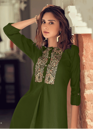 Green Fancy Work Readymade Salwar Suits