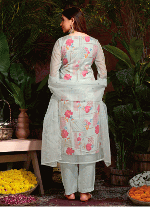 Muslin Fancy Work Readymade Salwar Suits in Silver