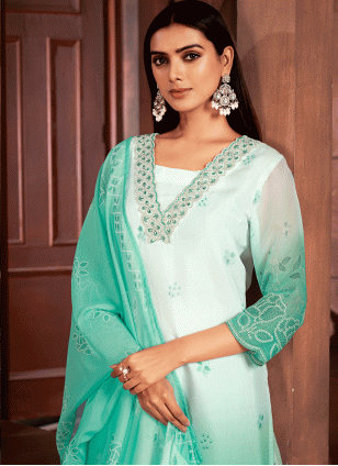 Savory Rama and Sea Green Embroidered work Readymade Salwar Suits