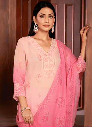 Muslin Embroidered Readymade Salwar Suits in Pink