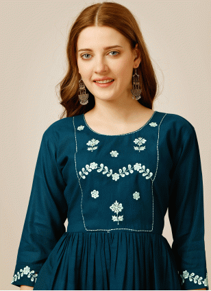 Embroidered Rayon Kurta Tunic in Blue