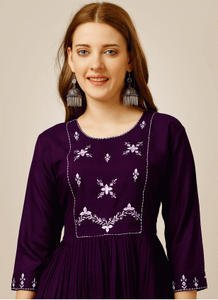 Purple Embroidered Rayon Kurta Tunic