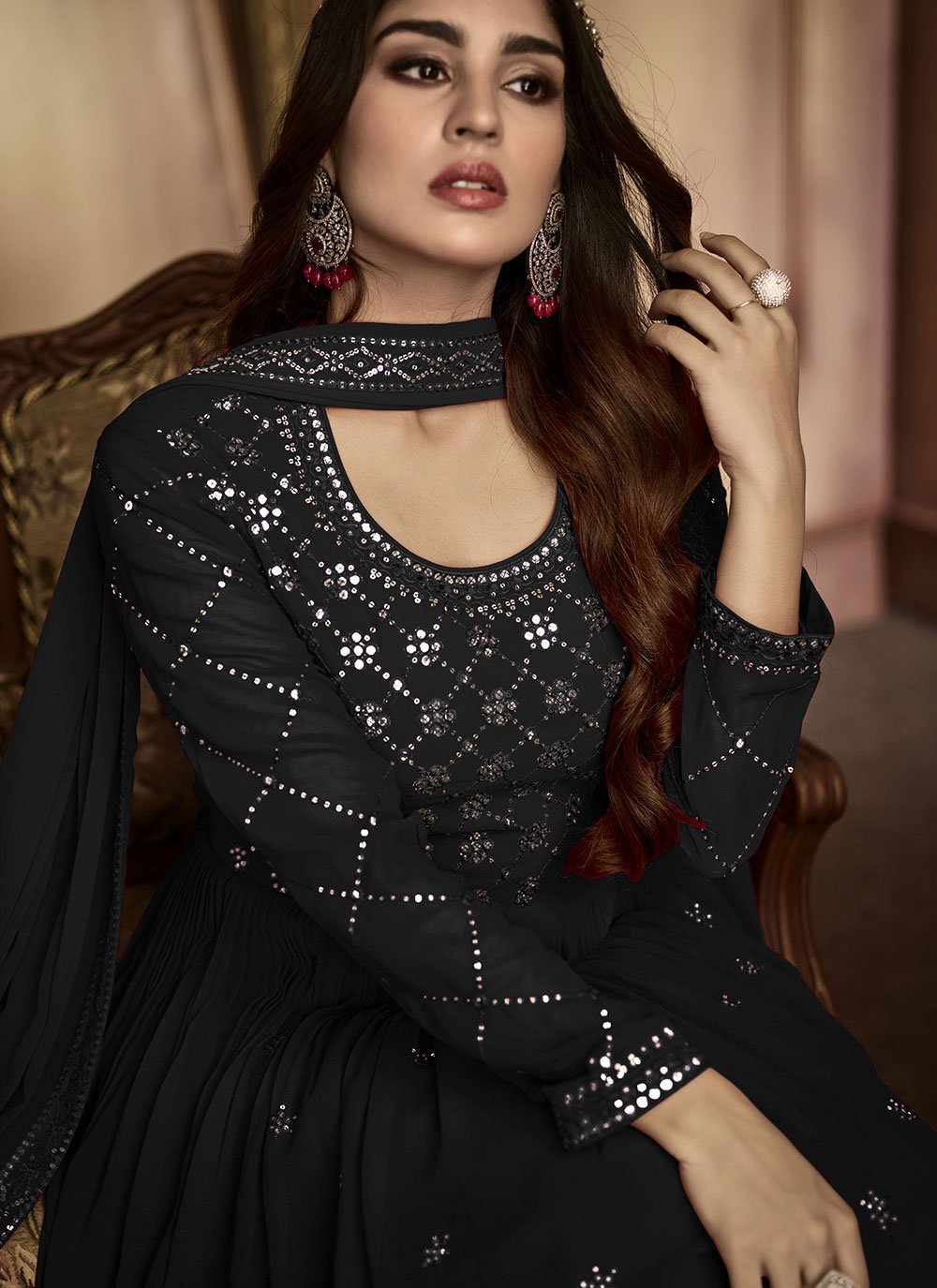 Black Colored Georgette Anarkali Suit With Dupatta - Anarkali