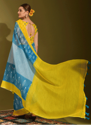 Linen Blue and Yellow Printed Traditional Saree