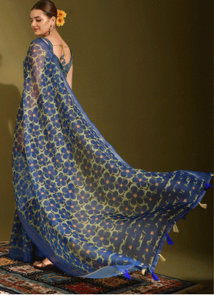 Blue color Linen Traditional Saree with Digital Print work