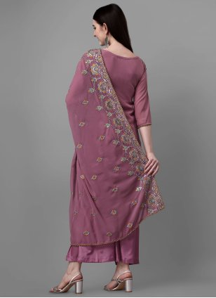 Georgette Embroidered Palazzo Salwar Suit in Pink