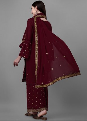 Maroon Embroidered Palazzo Salwar Suit