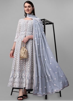 Georgette Embroidered Anarkali Suit in Grey