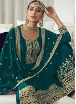 Embroidered Georgette Palazzo Salwar Suit in Sea Green