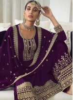 Georgette Embroidered Palazzo Salwar Suit in Purple