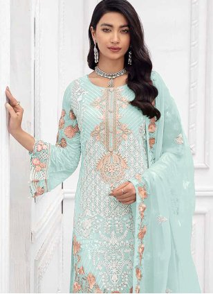 Exuberant Sky blue Embroidered Georgette Pant Style Suit