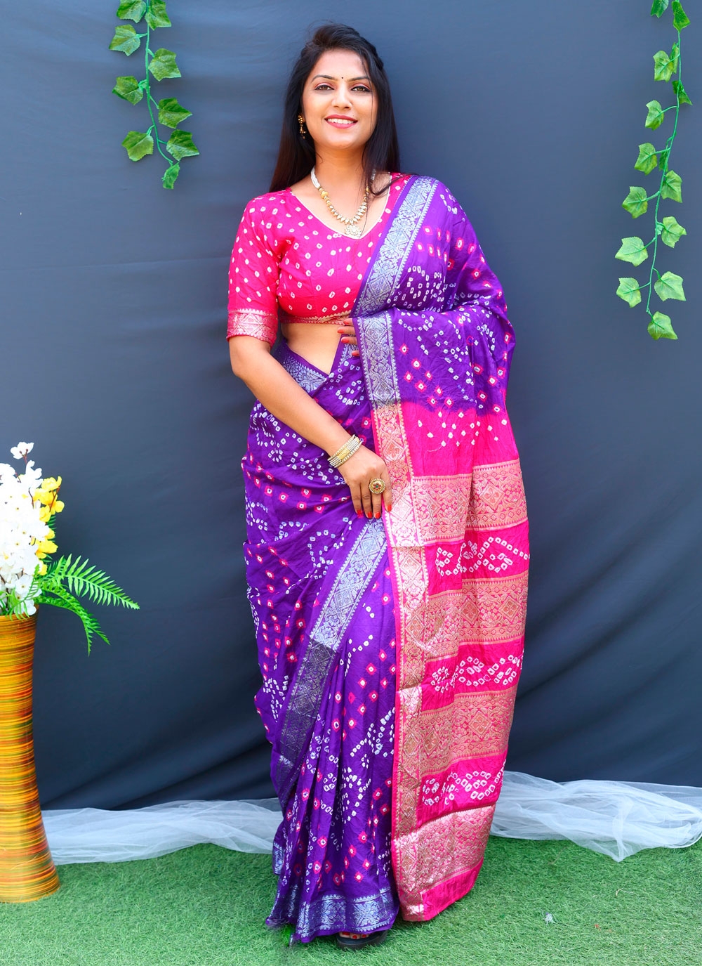 Pink And Purple Printed Art Silk Bandhani Saree | Saree designs, Saree  dress, Bandhani saree