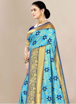 Aqua Blue Banarasi Silk Jacquard Contemporary Saree