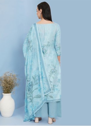Aqua Blue Cotton  Digital Print Palazzo Salwar Suit