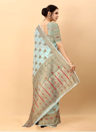 Aqua Blue Cotton  Weaving Designer Sari