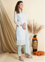 Aqua Blue Georgette Embroidered Pant Style Suit