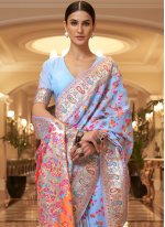 Aqua Blue Handloom Silk Weaving Designer Saree