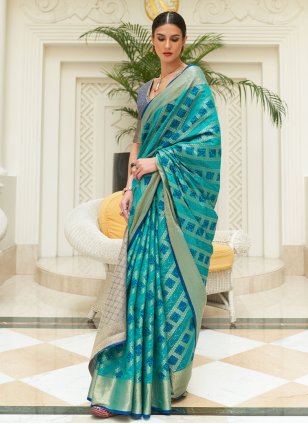 Aqua Blue Patola Silk Weaving Designer Saree