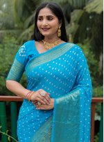 Aqua Blue Pure Silk Bandhej Print Designer Sari