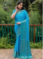 Aqua Blue Pure Silk Bandhej Print Designer Sari
