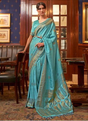 Aqua Blue Satin Weaving Trendy Sari
