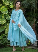 Aqua Blue Silk Embroidered Salwar suit