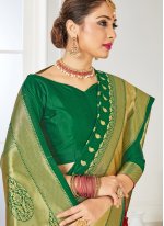 Art Banarasi Silk Green and Red Woven Half N Half Designer Saree