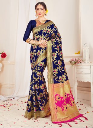 Soft Muslin Silk Banarasi Saree in Tiffany Blue, Hot Pink, Golden and –  Bengal Looms India