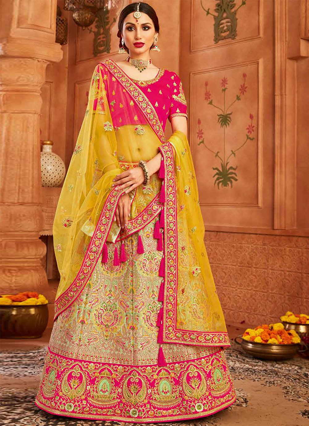 Buy Indian Lehenga Choli - Pink And Yellow Embroidery Wedding Lehenga Choli  In USA UK CANADA