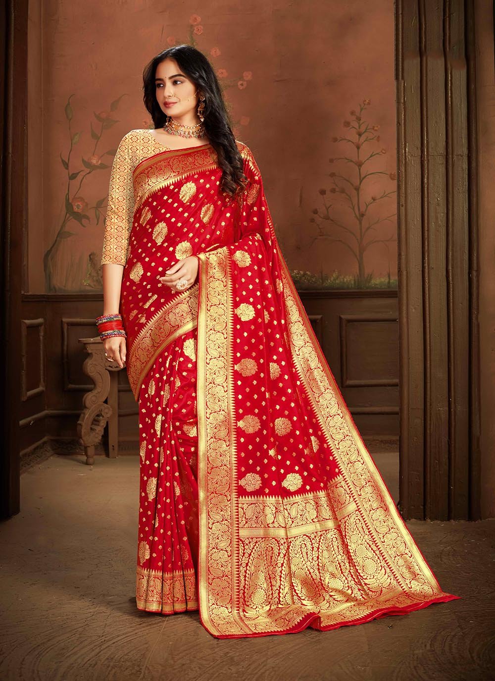Art Silk Red Weaving Trendy Saree