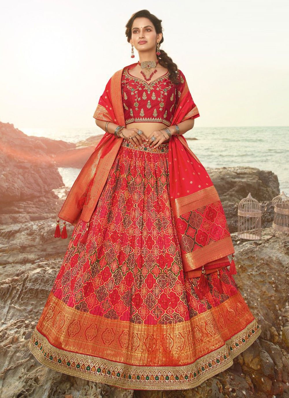 Red Raw Silk Engagement Lehenga with Prices