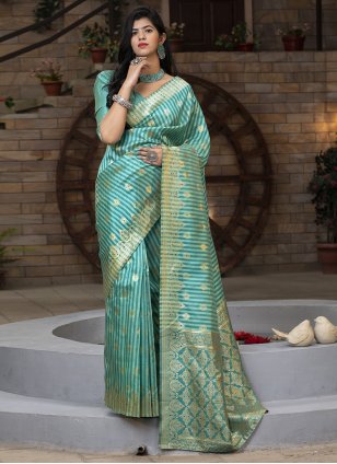 Firozi Green Satin and Viscose Belt Style Saree for Reception
