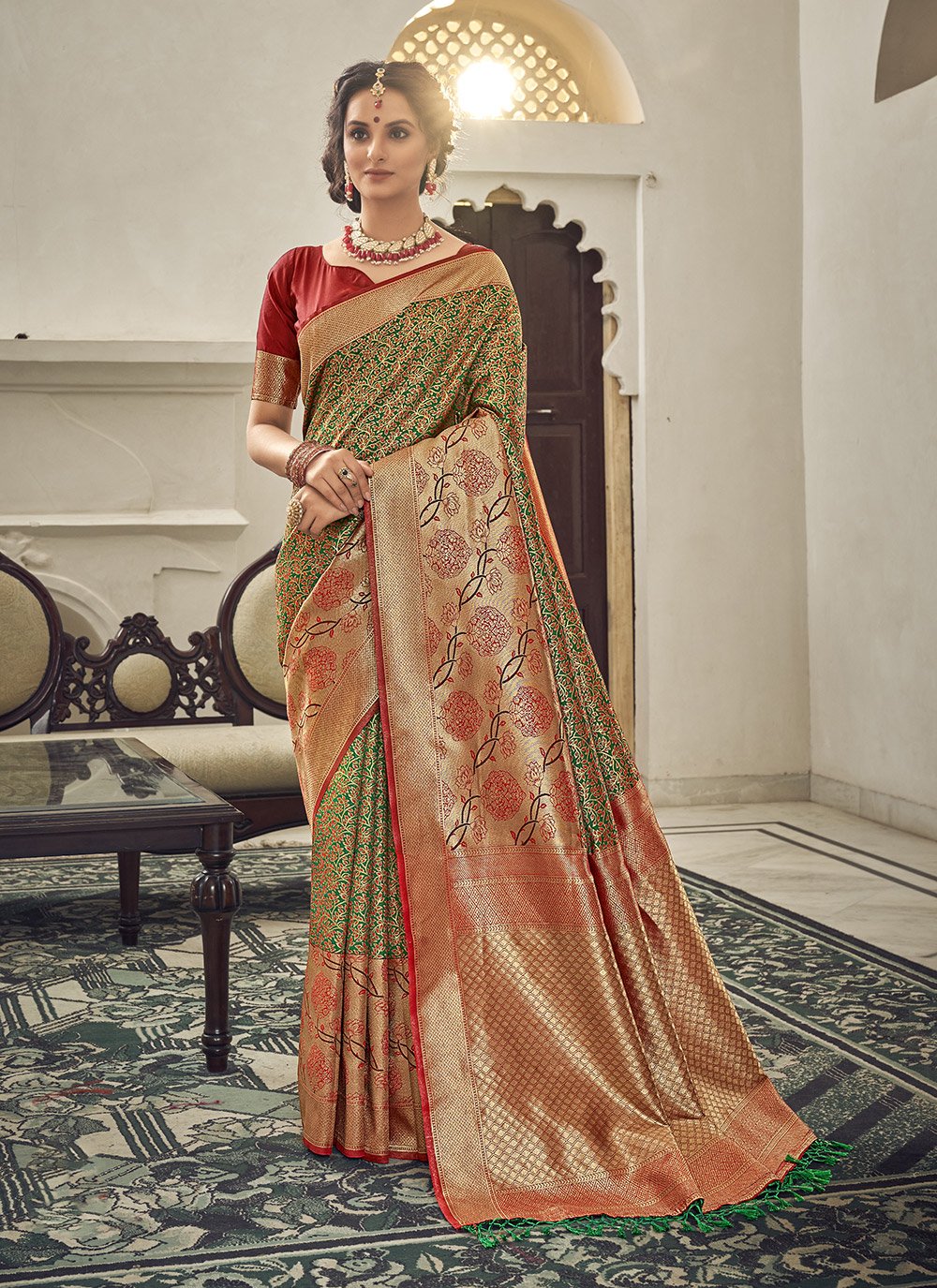 Banarasi Silk Traditional Designer Saree in Green