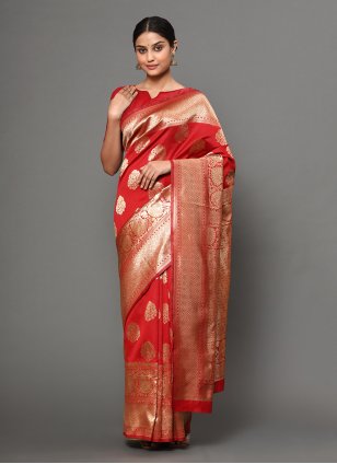 Banarasi Silk Weaving Red Traditional Saree