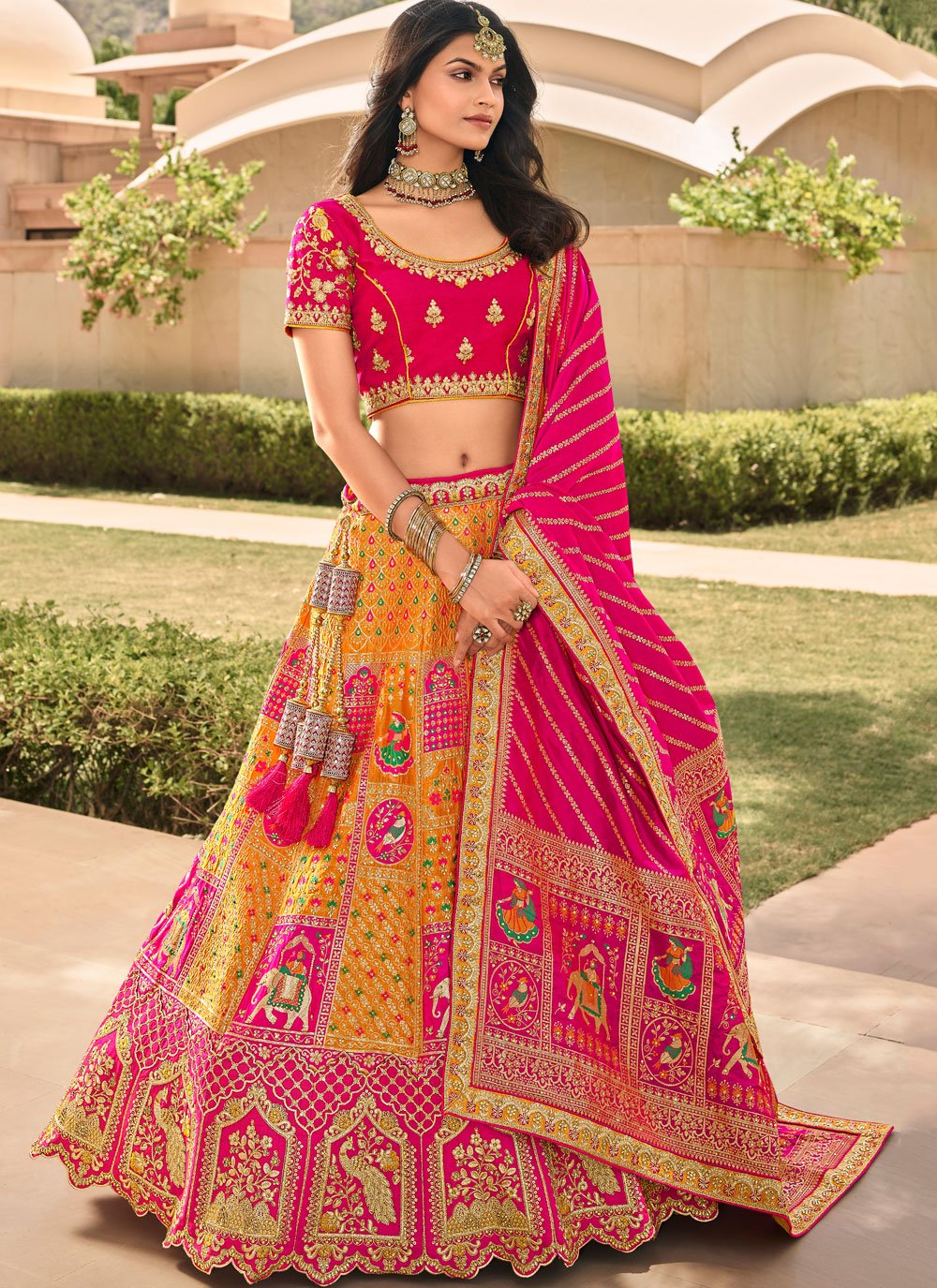 Buy Blue & Pink Banarasi Silk Lehenga Choli From Khushkar