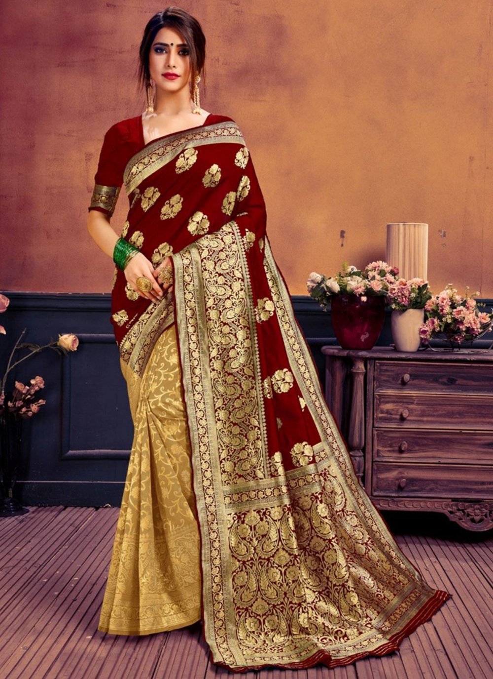 Maroon pure silk with gold zari kanchipuram saree with blouse -  PATIALAPICKS - 4201870