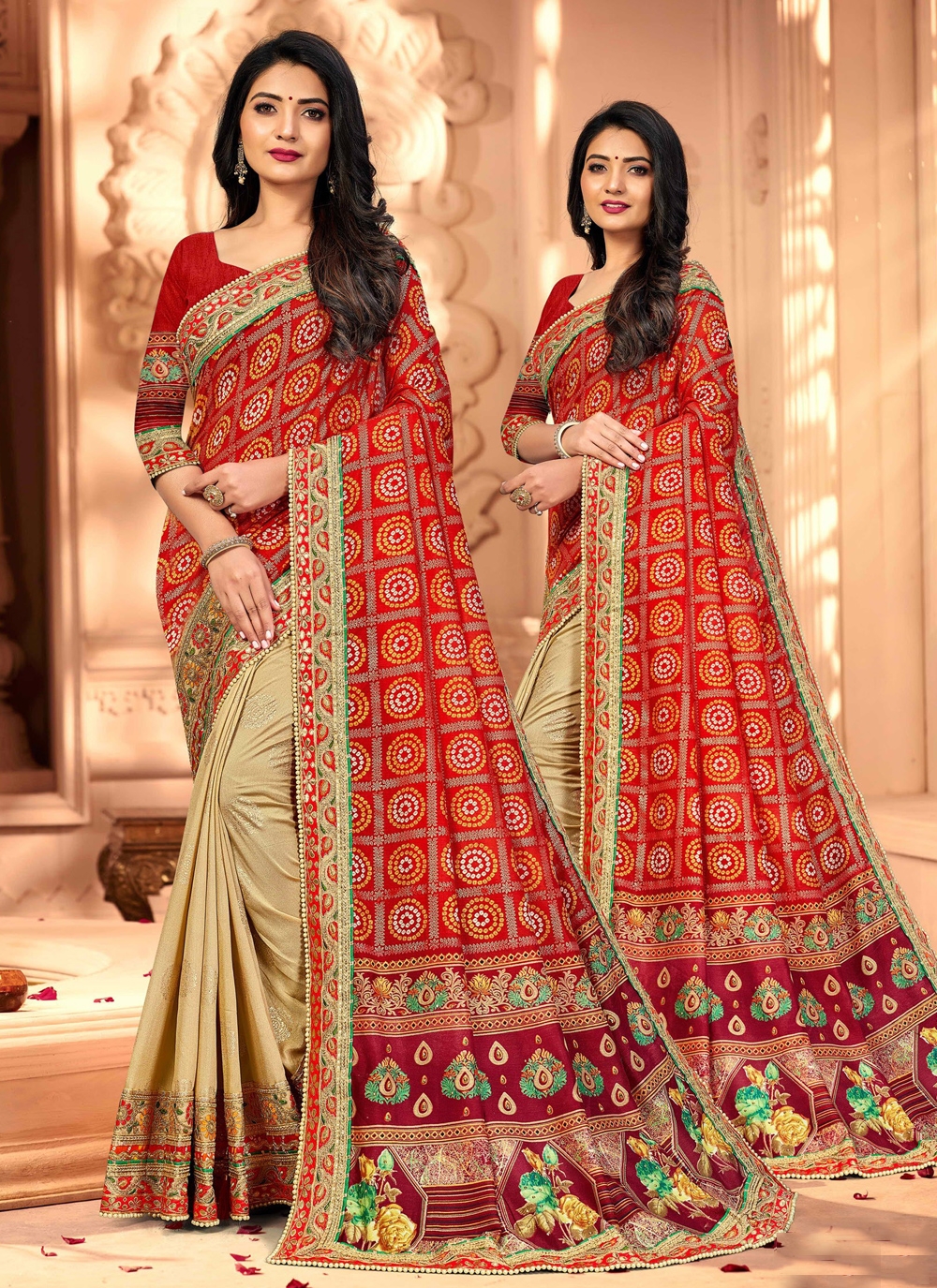 beige and red embroidered festival designer half n half saree 56462