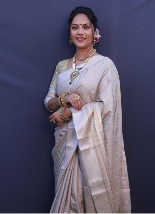 Beige Banarasi Silk Jacquard Trendy Sari