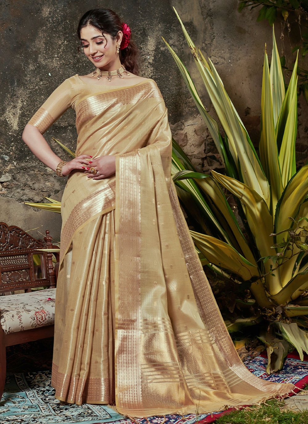 Beige color bridal top saree